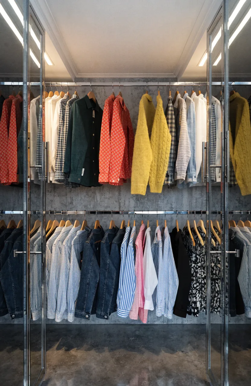 A wall closet layout featuring two levels of hanging rods to double the storage capacity for clothes.