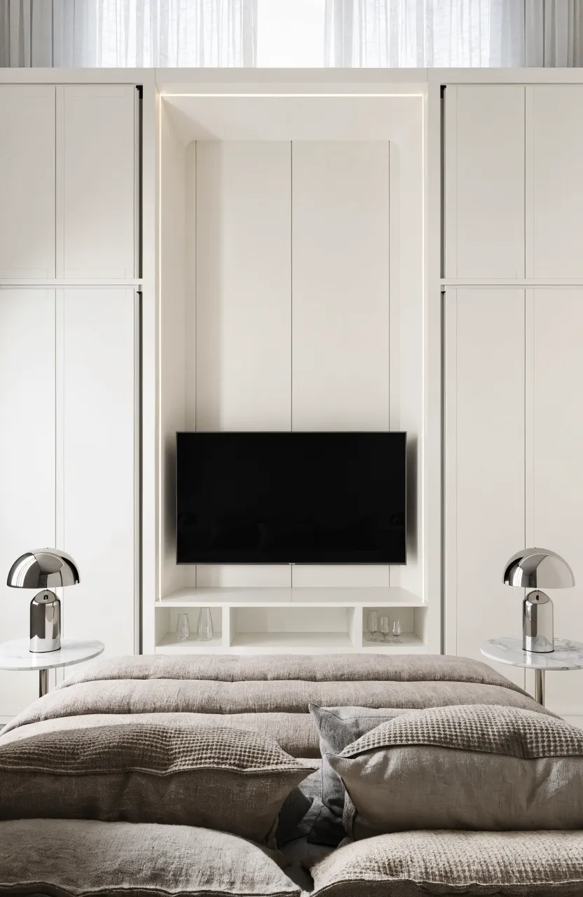 A white built-in wall closet featuring a central hidden nook for a television with pocket doors.