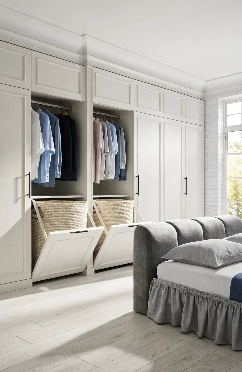 Modern white bedroom closet with integrated tilt-out laundry hampers for hidden storage.