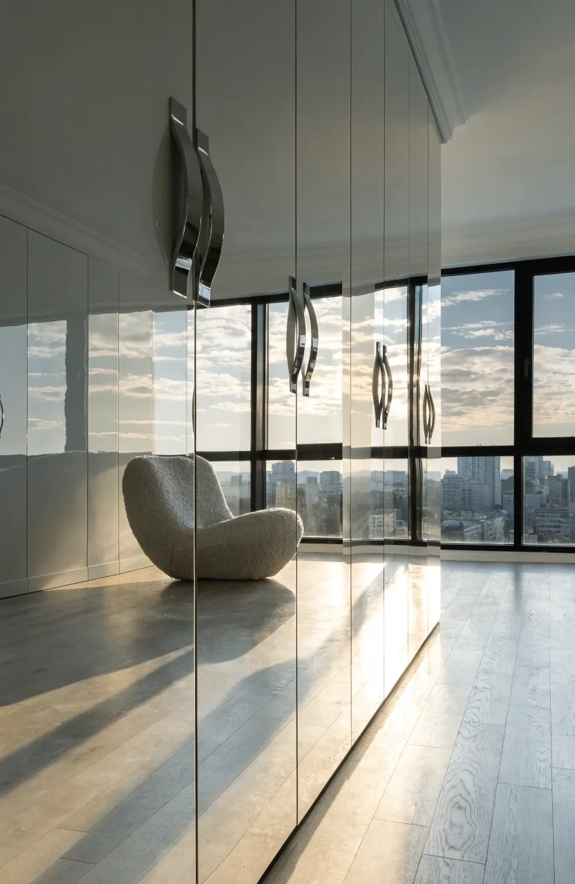 Modern bedroom with a floor-to-ceiling high-gloss white wardrobe wall reflecting soft sunlight.
