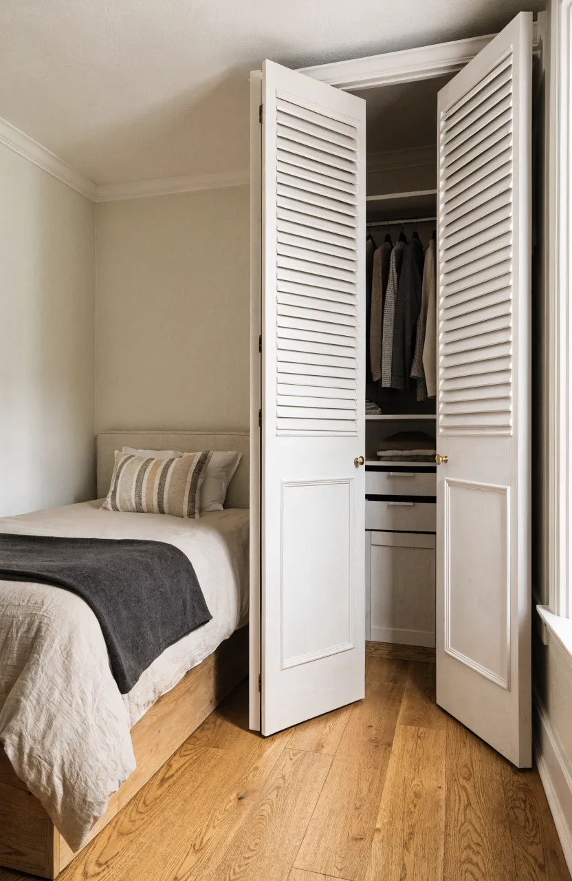 Compact bedroom layout showing space-saving white bifold closet doors next to a bed.