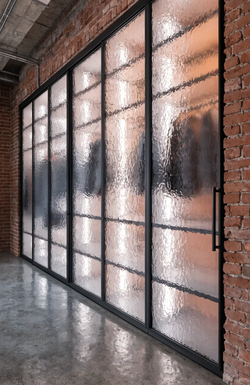 Modern bedroom wardrobe featuring translucent polycarbonate sliding doors in black frames.