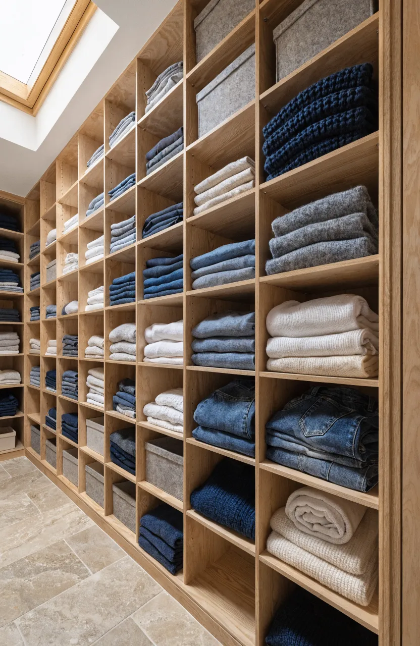 Organized floor-to-ceiling wooden cubby system in a bedroom closet for folded clothing.