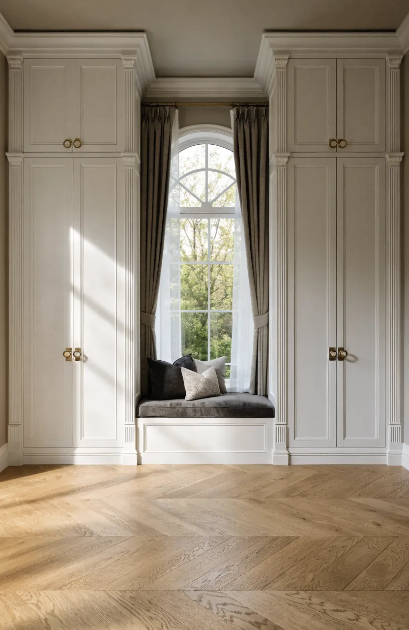 A symmetrical white built-in closet system surrounding a bedroom window with a cozy integrated window seat.