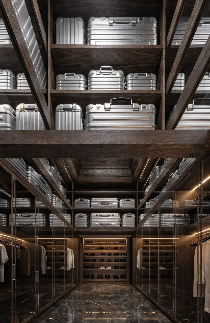 A luxurious dark wood wall closet with dedicated wide top shelves for storing suitcases and luggage.