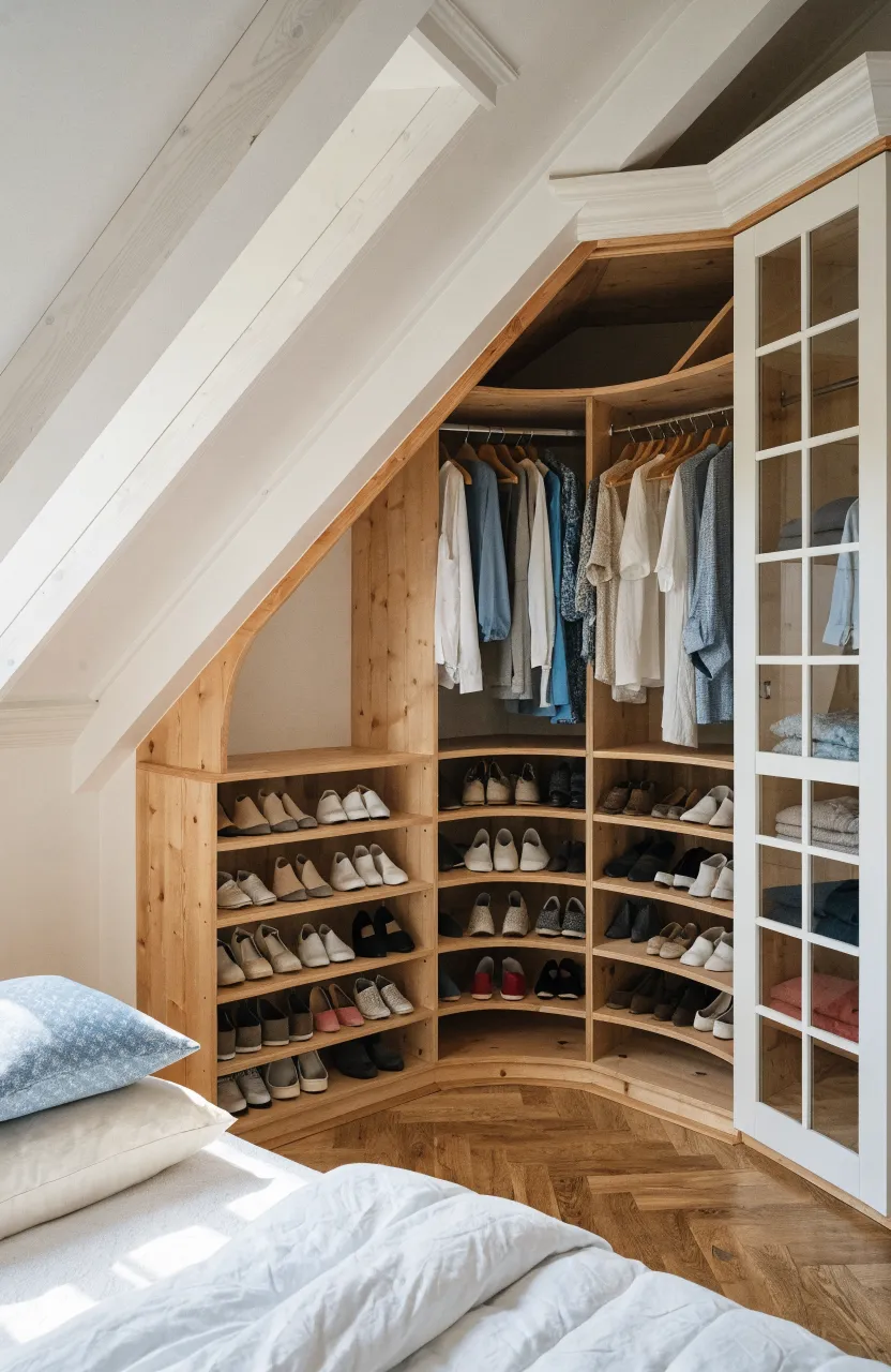 Custom white closet shelving built into the sloped ceiling of a bright attic bedroom.