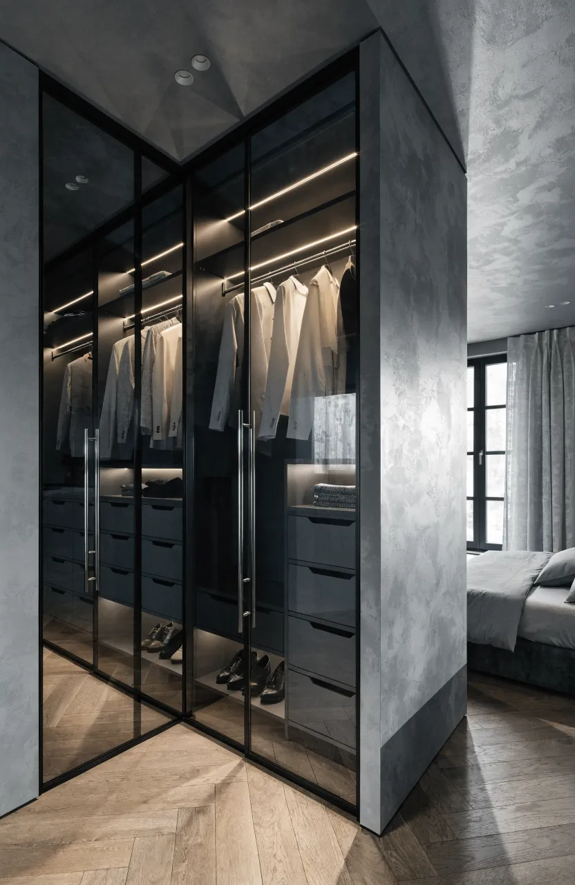 A bedroom alcove converted into a modern walk-in closet with frosted glass sliding doors.
