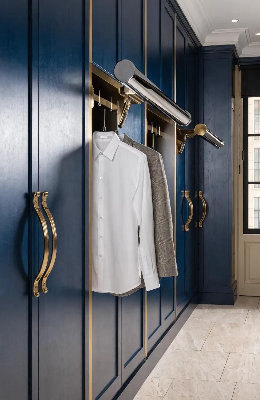A navy blue built-in closet wall with an extended chrome valet rod holding a blazer.
