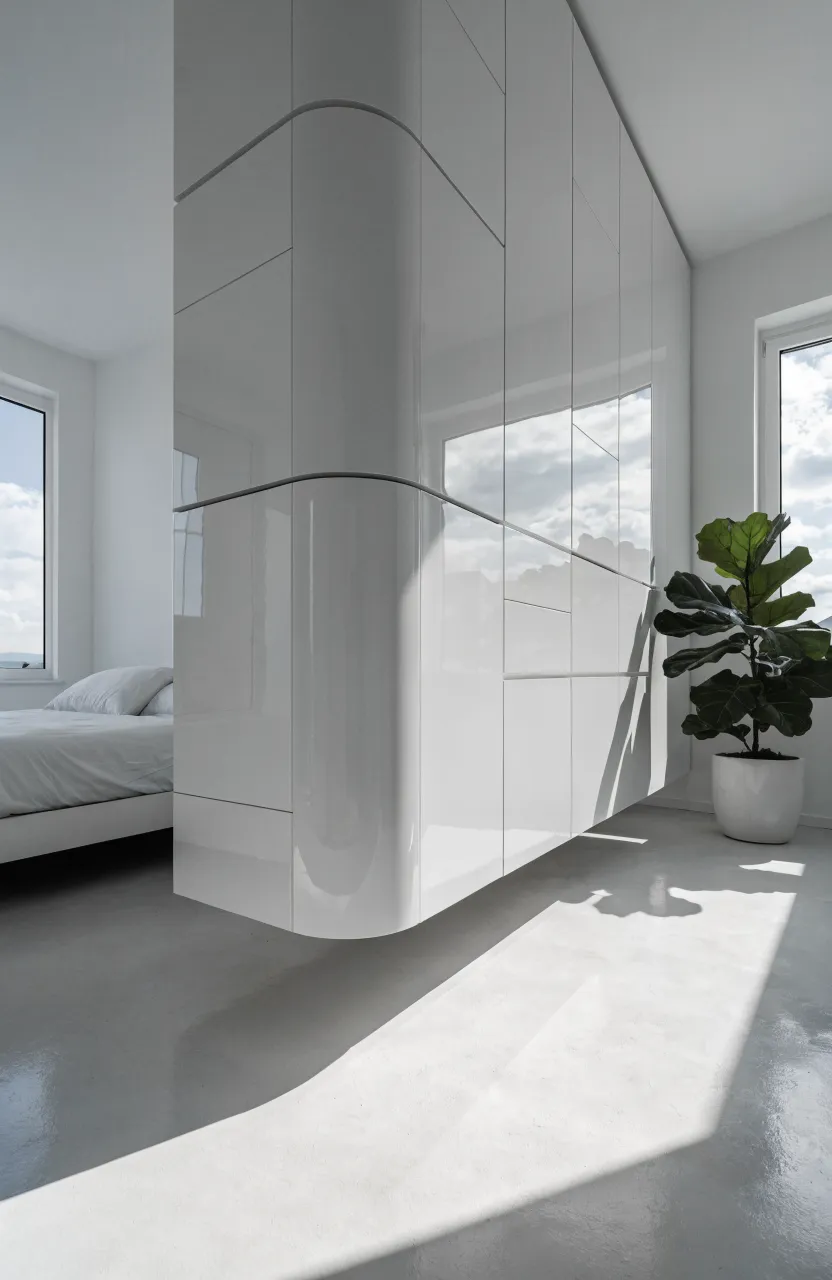 Modern floating white wardrobe units mounted on a wall above a clear gray floor in a minimal bedroom.