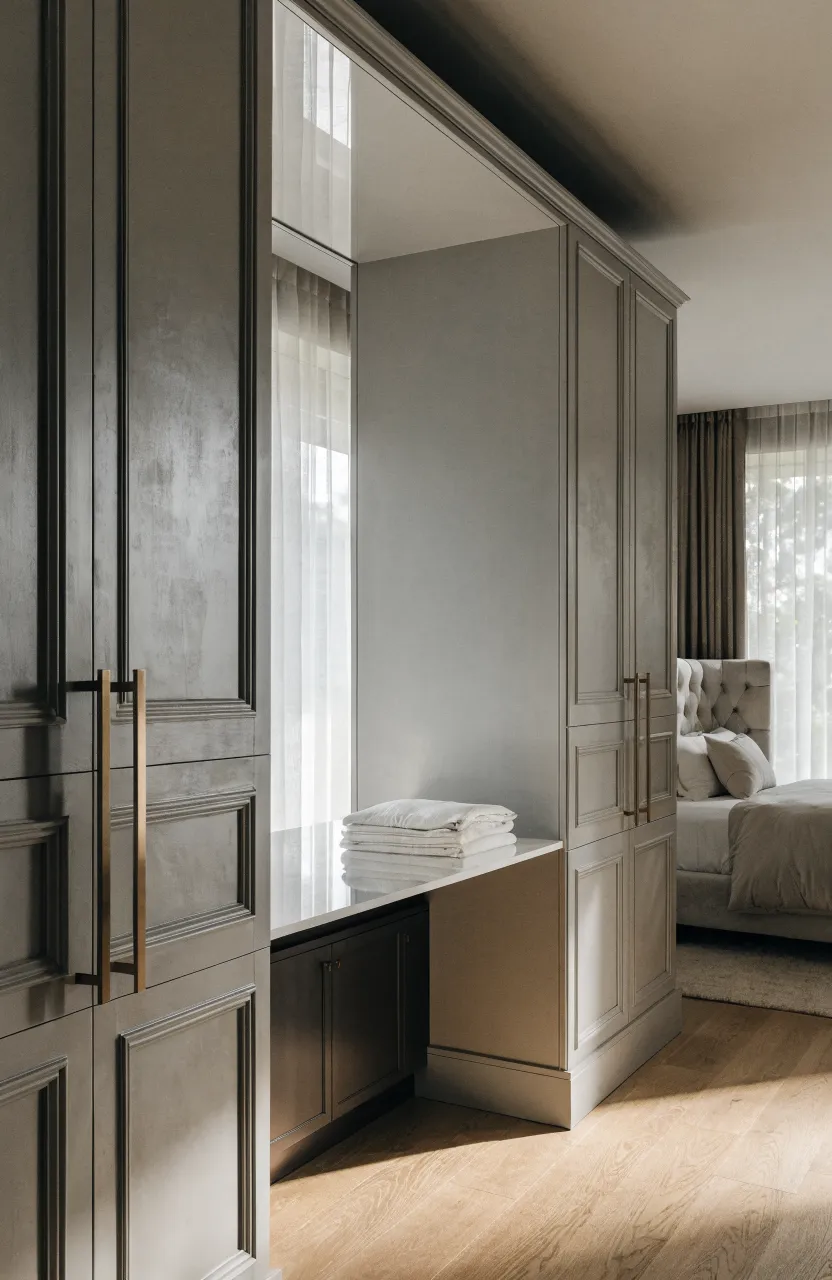 A modern gray wall closet featuring a built-in white quartz folding counter in a bright bedroom.