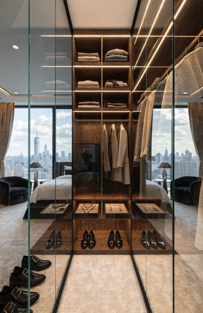 A luxurious bedroom featuring a floor-to-ceiling frameless glass closet with internal LED lighting.