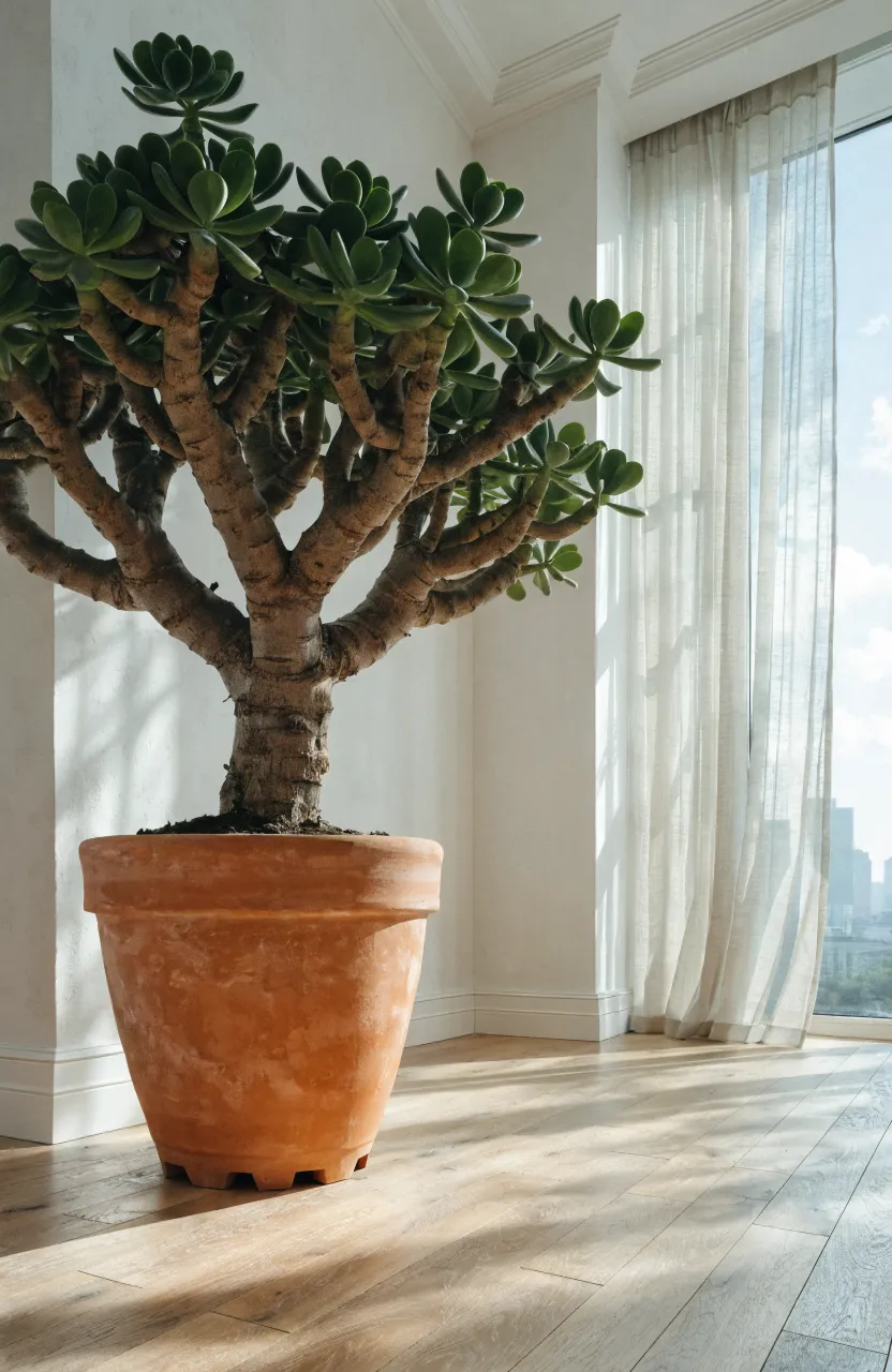 A mature jade plant with thick stems in a large terracotta pot in a sunlit modern living room.