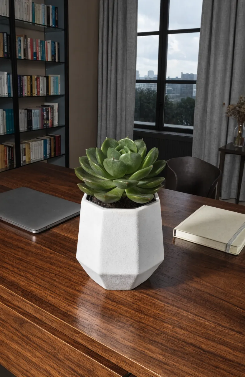 A small jade succulent in a white geometric pot on a modern wooden desk.