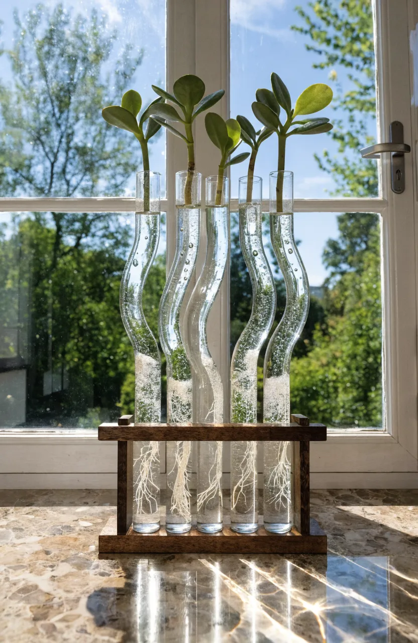 Jade plant cuttings with roots growing in glass tubes on a sunny windowsill.