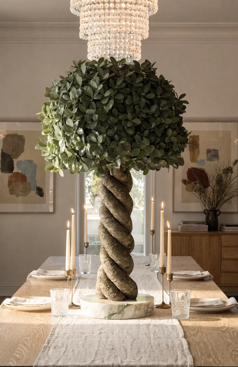 A braided jade plant topiary as a centerpiece on a modern dining table.
