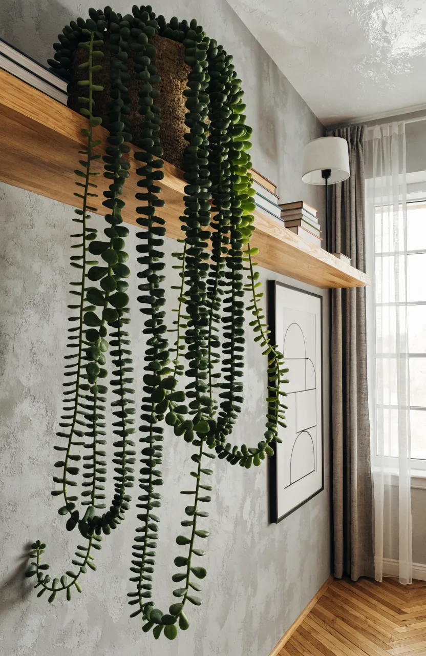 A jade plant with trailing stems hanging from a high oak floating shelf.