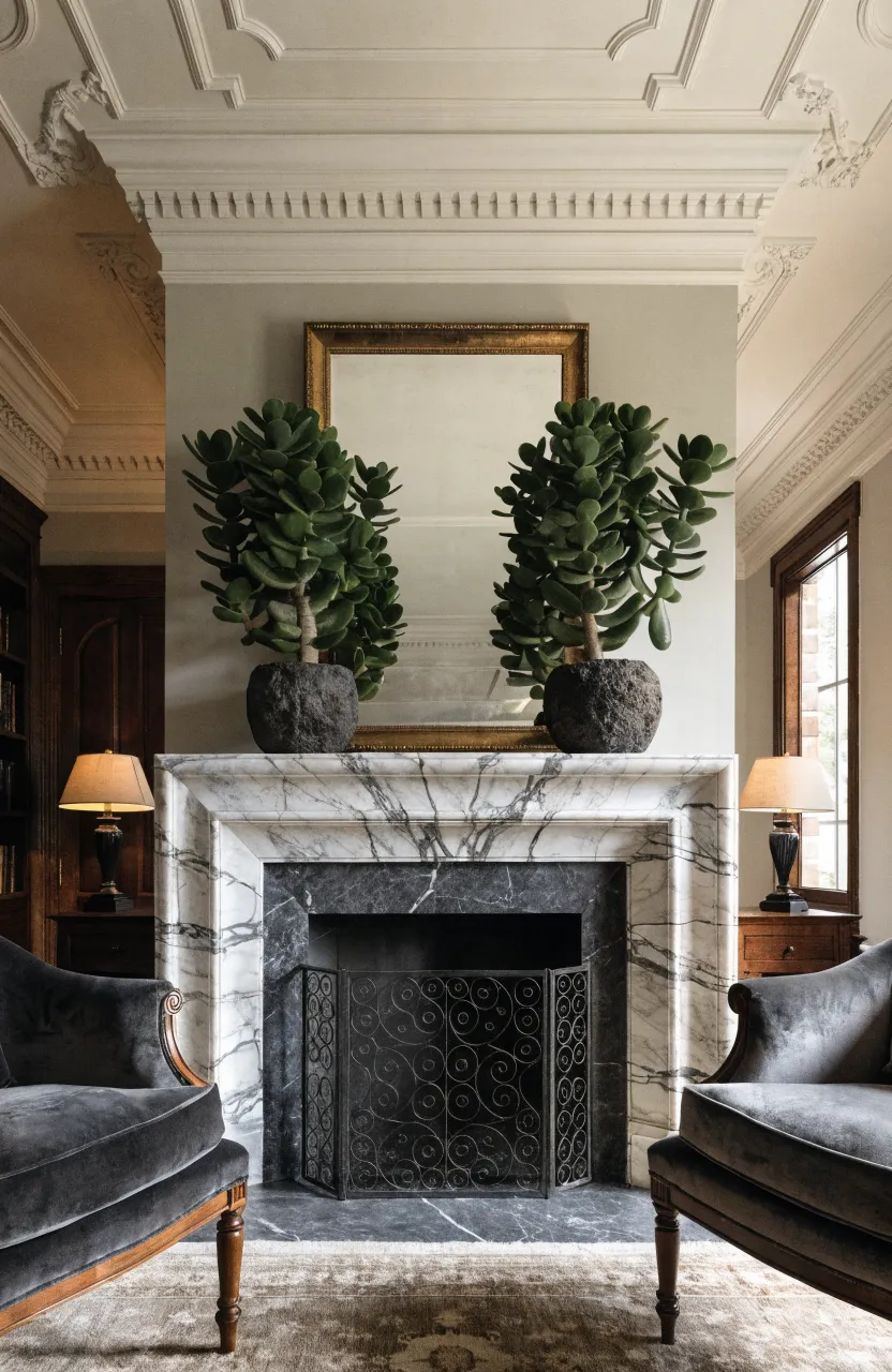 Two matching jade plants in stone pots placed symmetrically on a white fireplace mantel.