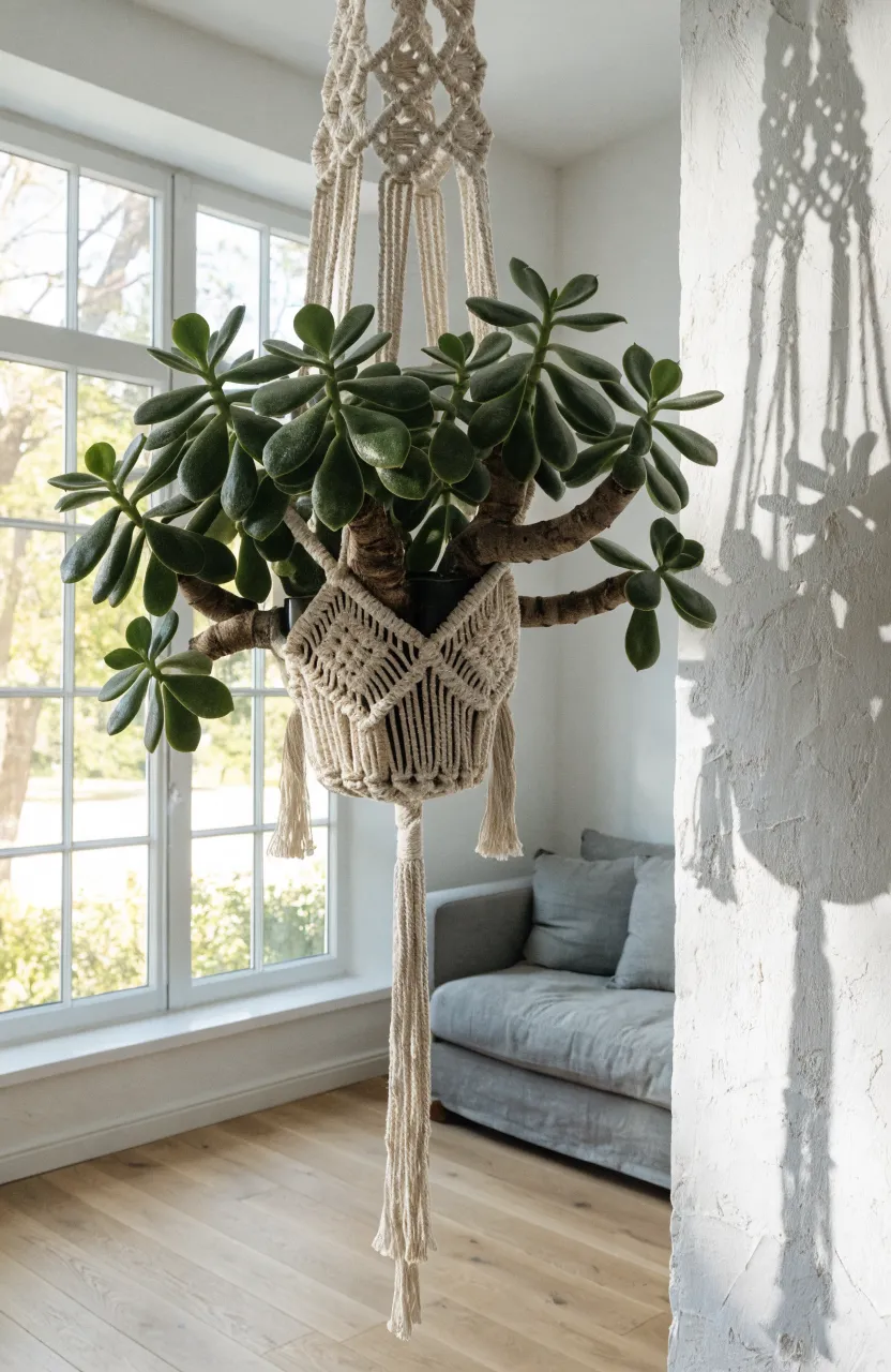 A green jade plant in a cream macrame sling hanging in a bright, sunlit bohemian living room.