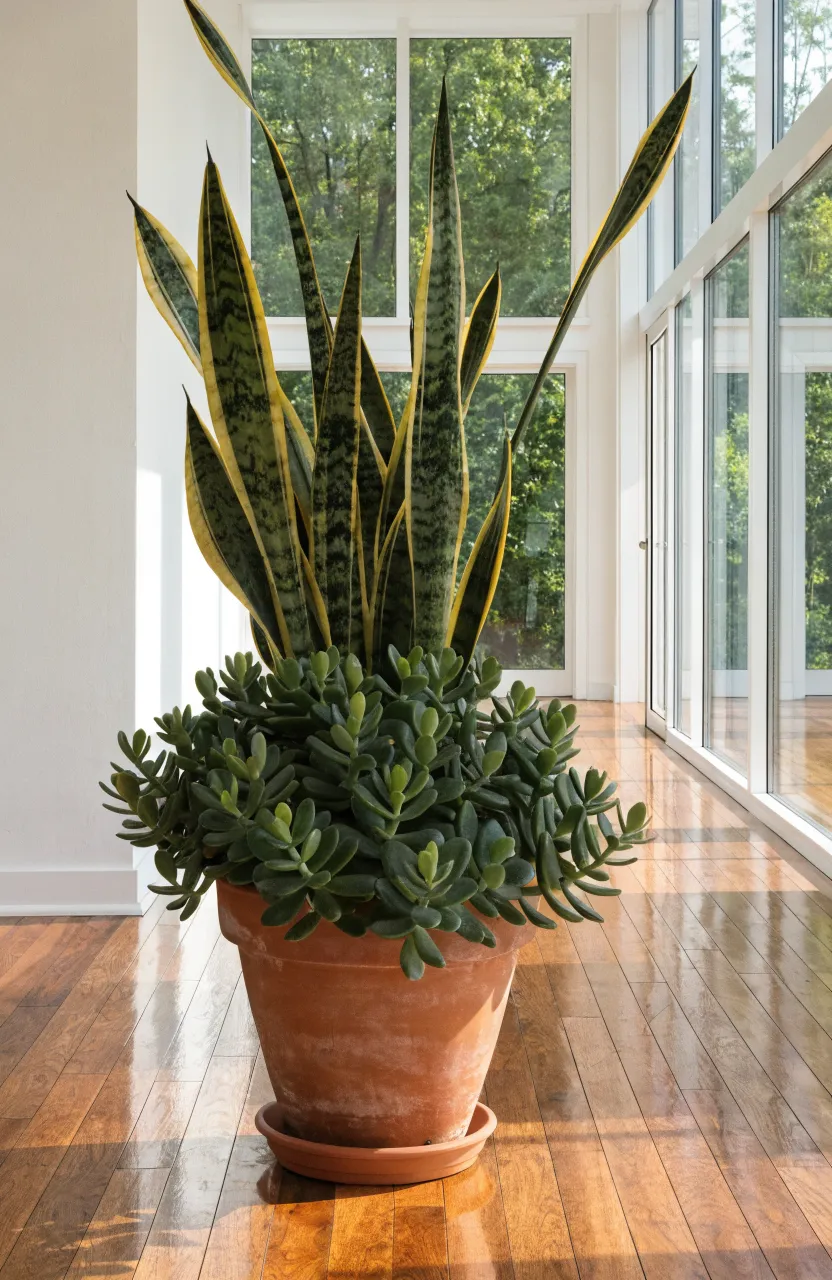 A tall snake plant and a bushy jade plant sharing a large terracotta pot in a bright room.
