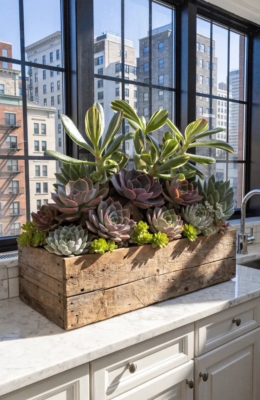 A wooden box filled with variegated jade and purple succulents on a bright kitchen windowsill.