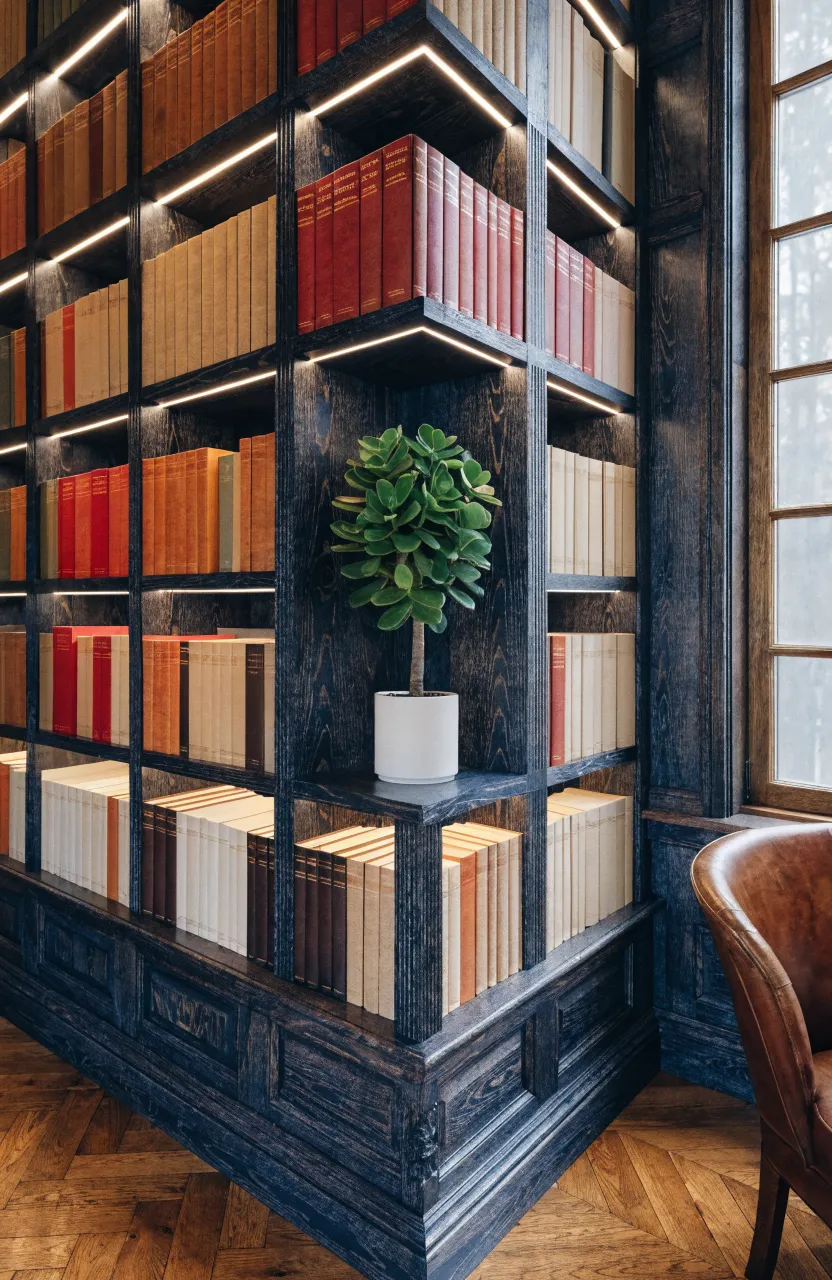 A small jade plant in a white pot sitting on a bookshelf surrounded by books.