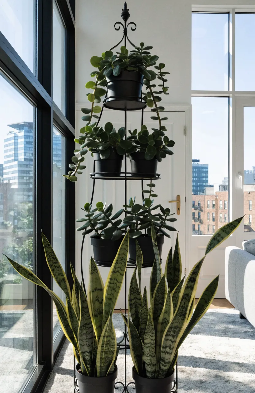A tiered metal stand with tall snake plants on the bottom and smaller jade plants on top.