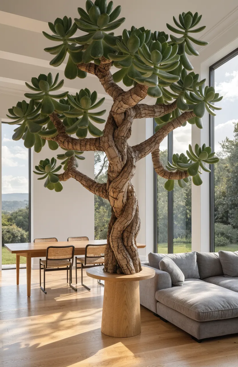 A large, bushy jade plant on a pedestal acting as a living divider between a dining and sitting area.