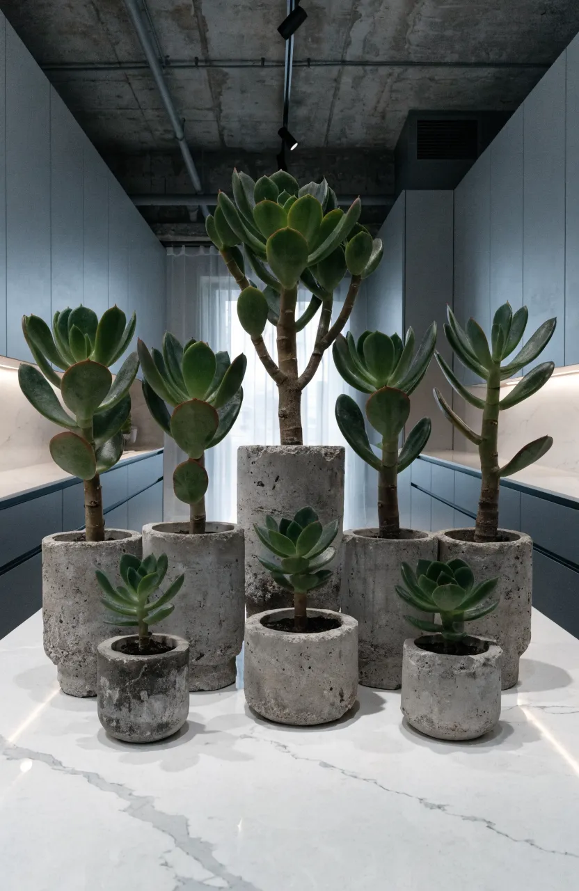 Jade plants in textured grey concrete pots arranged on a clean white kitchen counter.
