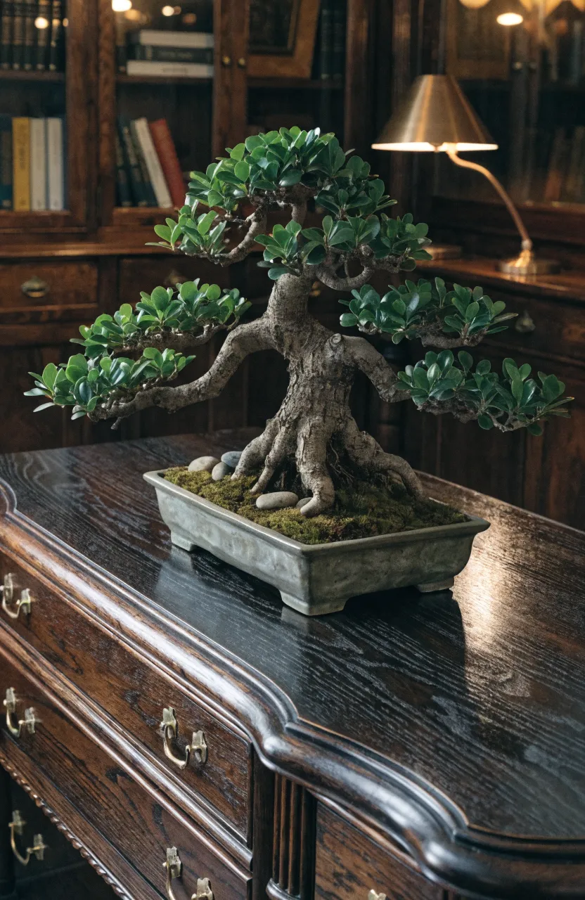 A jade plant bonsai with moss and stones in a shallow tray on a clean wooden office desk.