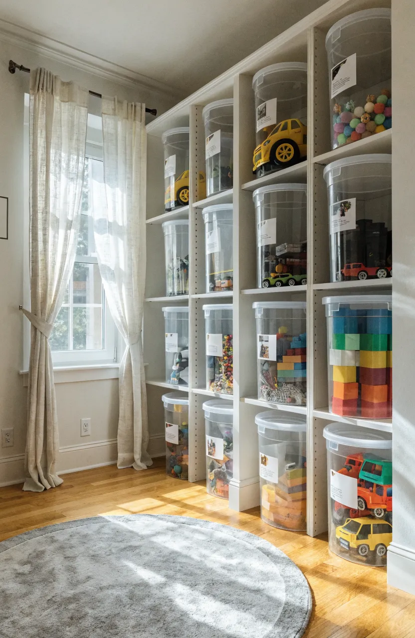 Clear plastic storage bins with picture labels on white shelves in a bright, organized playroom.