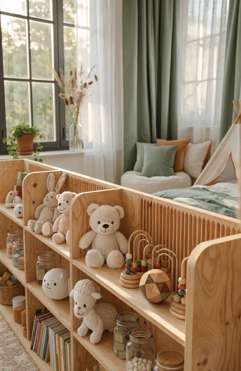 Low open birch wood shelves filled with toys and books in a bright, modern child's bedroom.