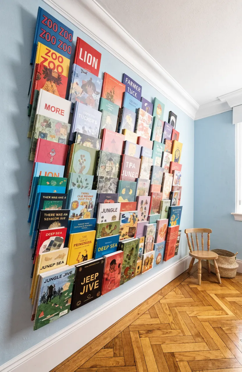 Vertical wall-mounted white shelves displaying colorful children's books face-out on a blue wall.