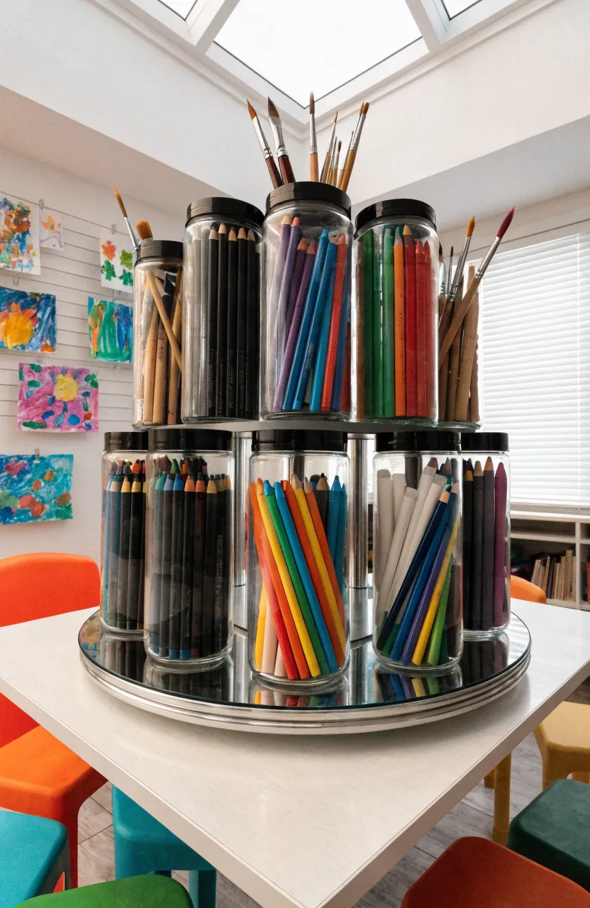 A rotating art supply carousel with jars of markers and crayons on a white craft table.