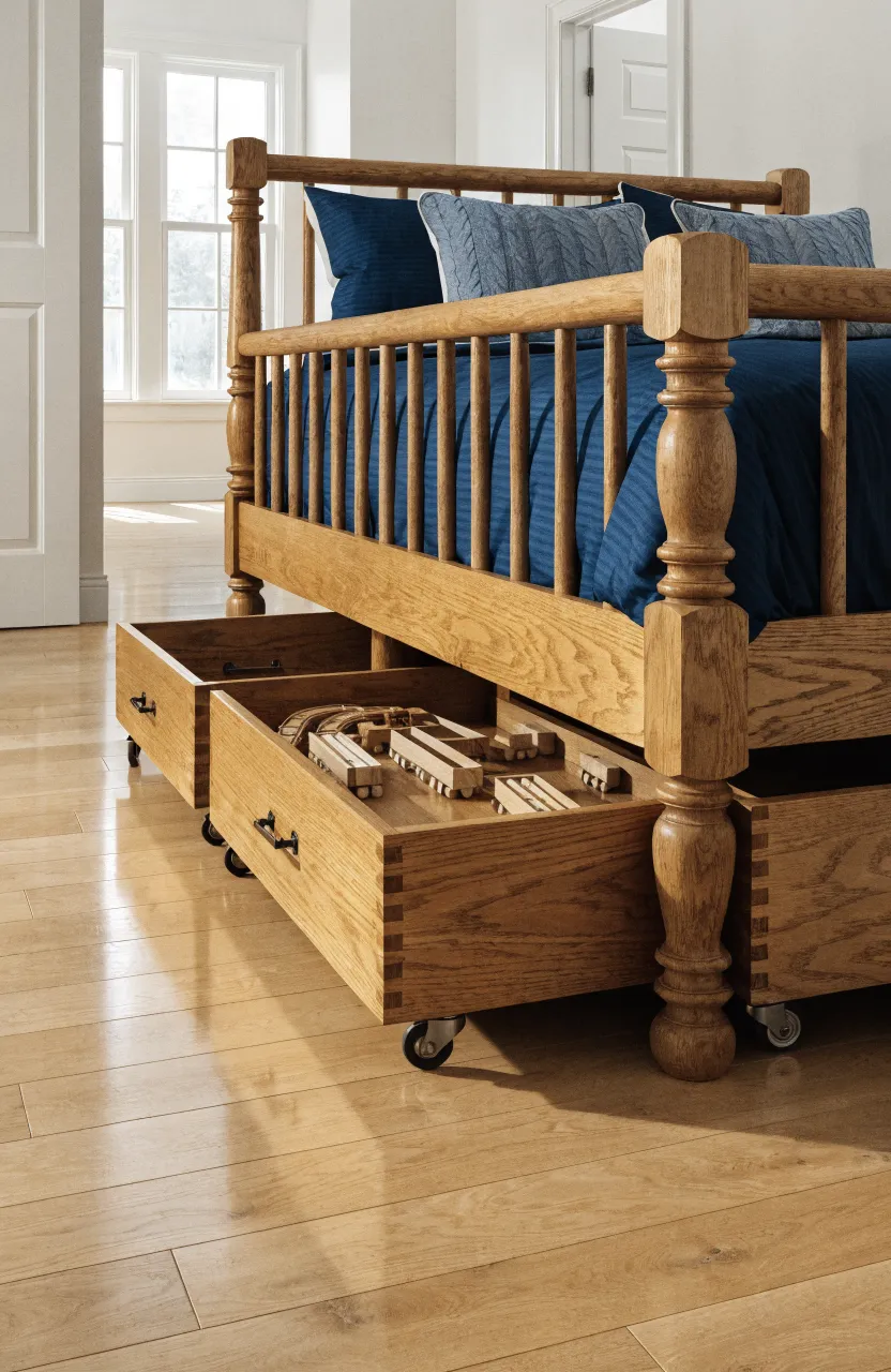 Wooden under-bed storage drawers on wheels rolled out to show organized toys in a bedroom.