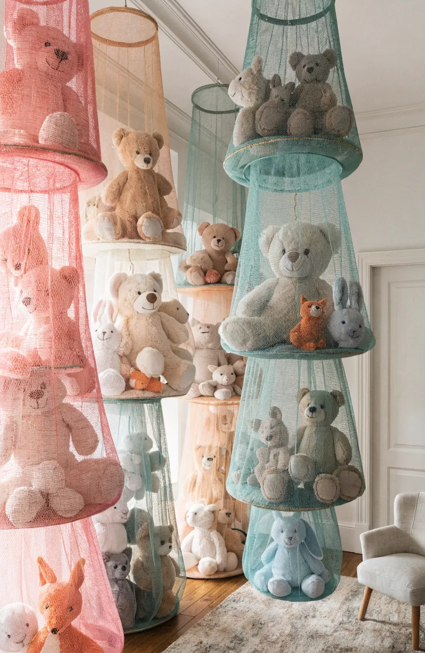 Tiered hanging mesh organizers filled with stuffed animals in a bright playroom corner.