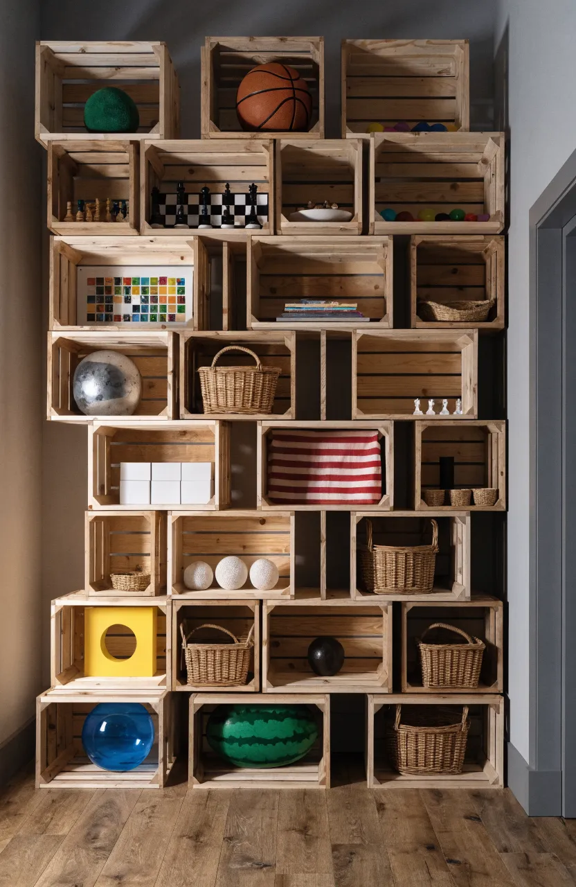 A modular wall unit made of stacked natural wooden crates used for toy storage in a playroom.