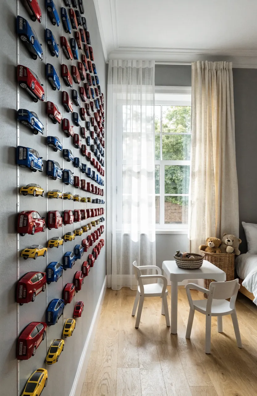 A wall-mounted magnetic strip holding rows of colorful metal toy cars in a bright, modern playroom.