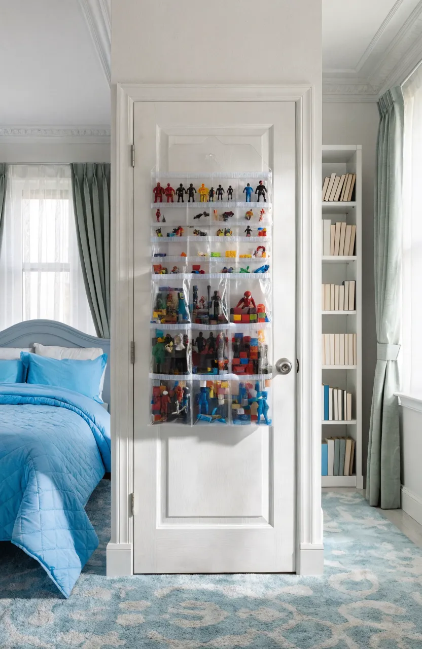 A clear over-the-door organizer filled with small toy figures hanging on a white bedroom door.