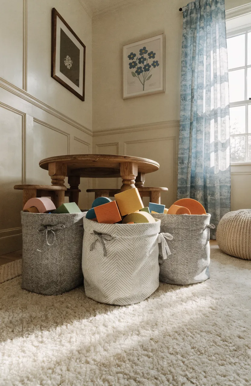 Patterned fabric baskets filled with soft blocks sitting on a plush rug in a cozy playroom corner.