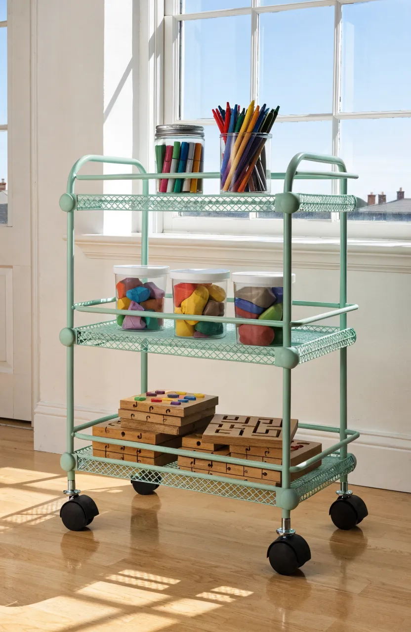 A mint green three-tier rolling cart organized with art supplies and puzzles in a bright room.