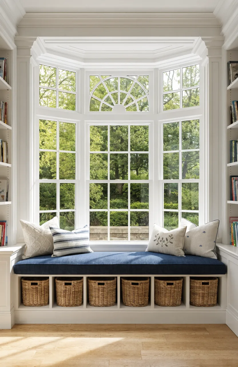 A white window seat with navy cushions and storage cubbies featuring wicker baskets underneath.