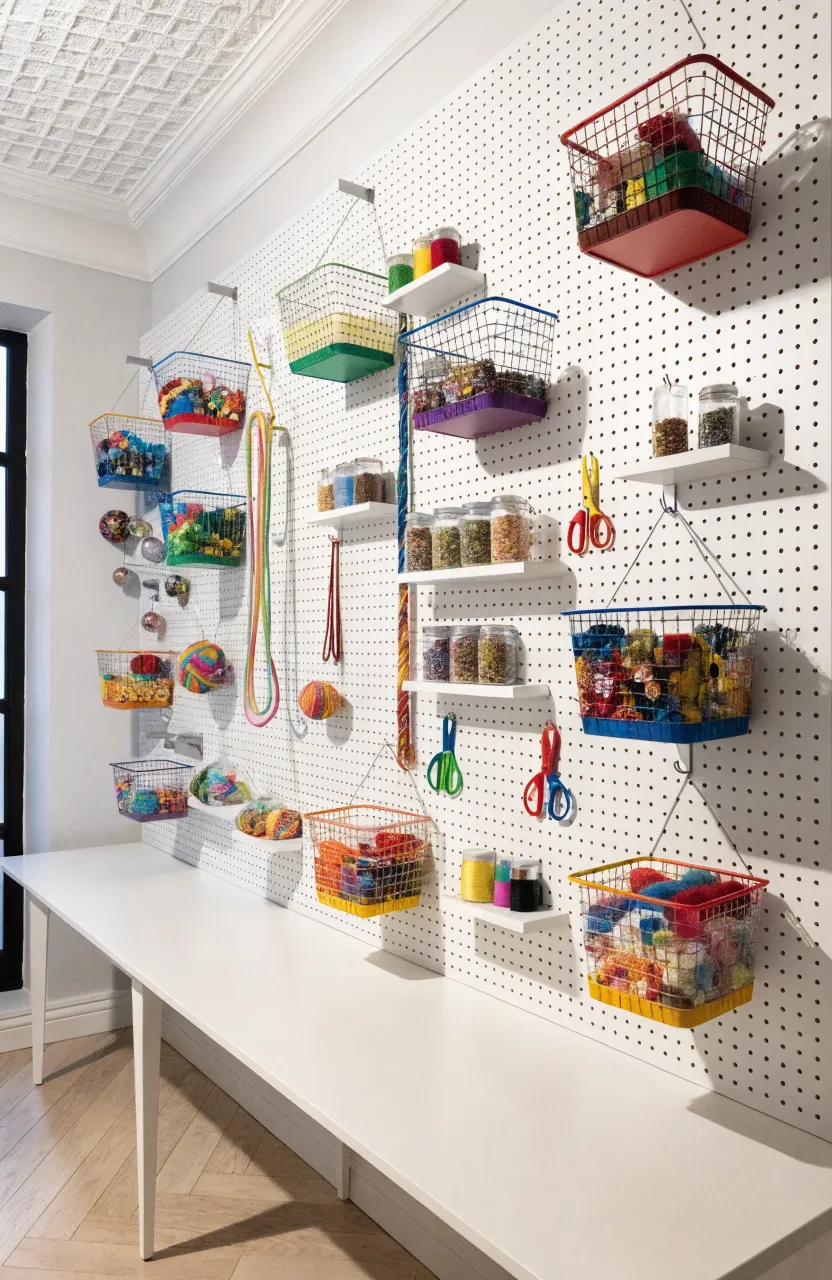 A large white pegboard wall with hooks and baskets holding various craft supplies and toys.