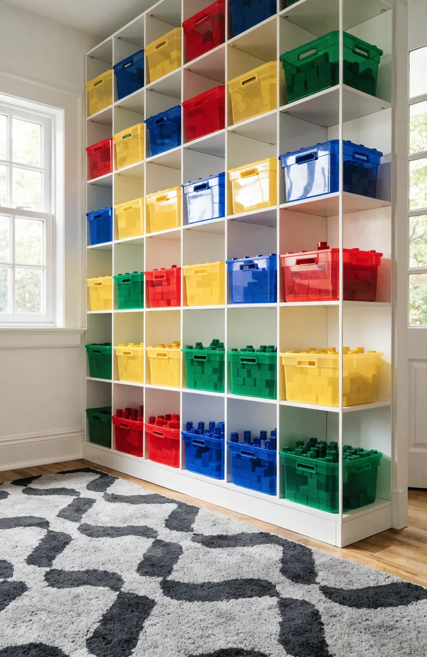 A white shelf holding red, blue, yellow, and green tubs filled with matching colored building bricks.