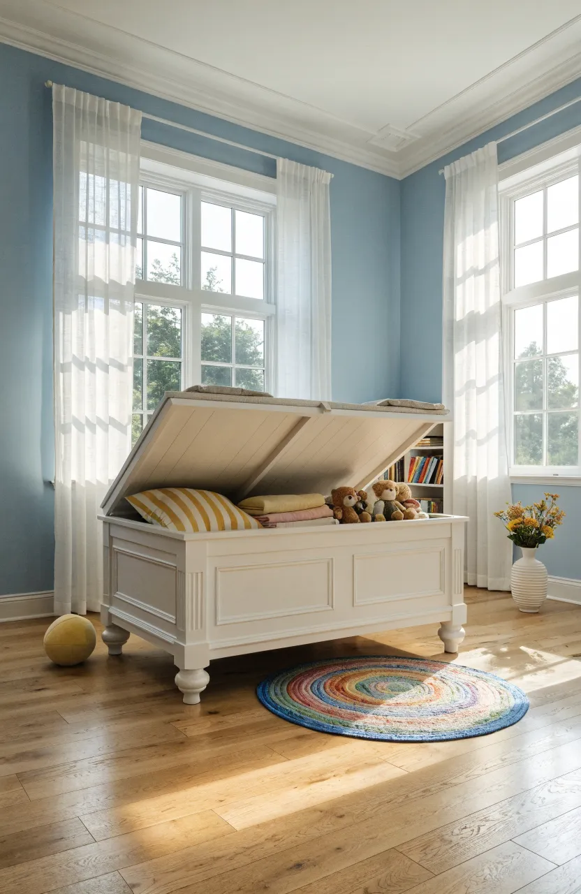A white wooden storage bench with a lift-top seat in a bright, sunlit organized kids playroom.