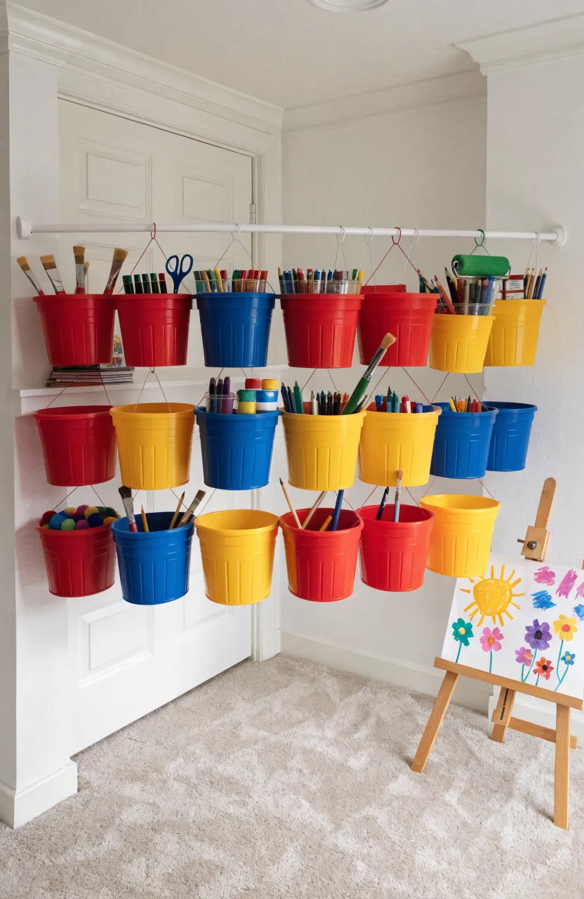 Colorful plastic buckets hanging from a white tension rod in a tidy children's art corner.