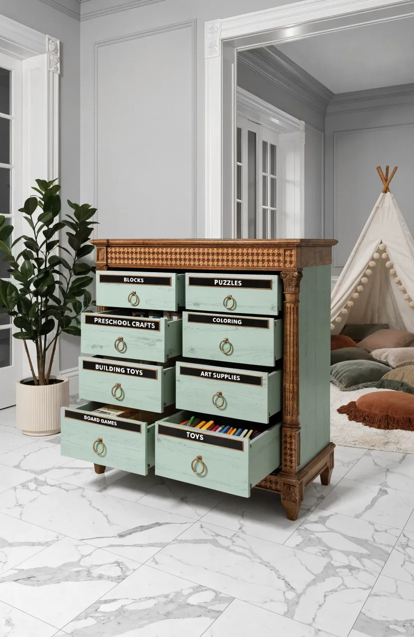 A mint green repurposed dresser with labeled drawers for toy organization in a clean playroom.