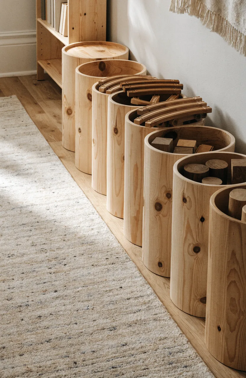 Sturdy wooden bins sitting on a rug filled with wooden train sets in an organized room.