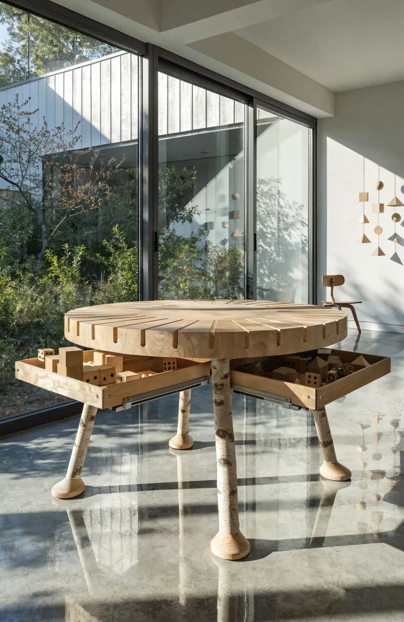 A white activity table with wooden slide-out trays underneath for organized toy storage.