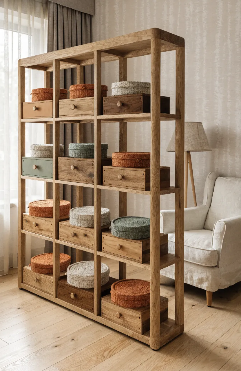 Wooden nesting boxes stacked neatly on a shelf in a cozy, organized child's room.