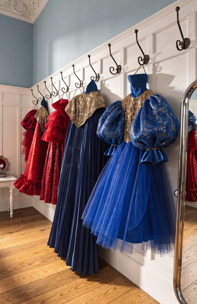 Colorful capes and costumes hanging neatly from a row of wall hooks in a bright playroom.
